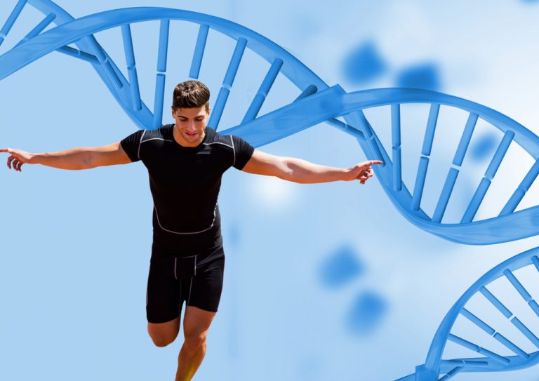 12-14-Genen die het prestatievermogen beïnvloeden_1055647889 Hardloper met een DNA streng achterzicht. Hardlopen zit in de genen.