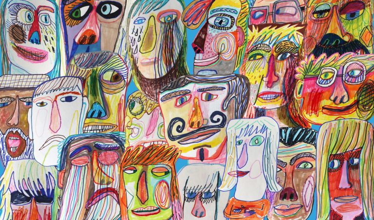 Colourful and bright people crowd background pattern Hand drawn people background pattern