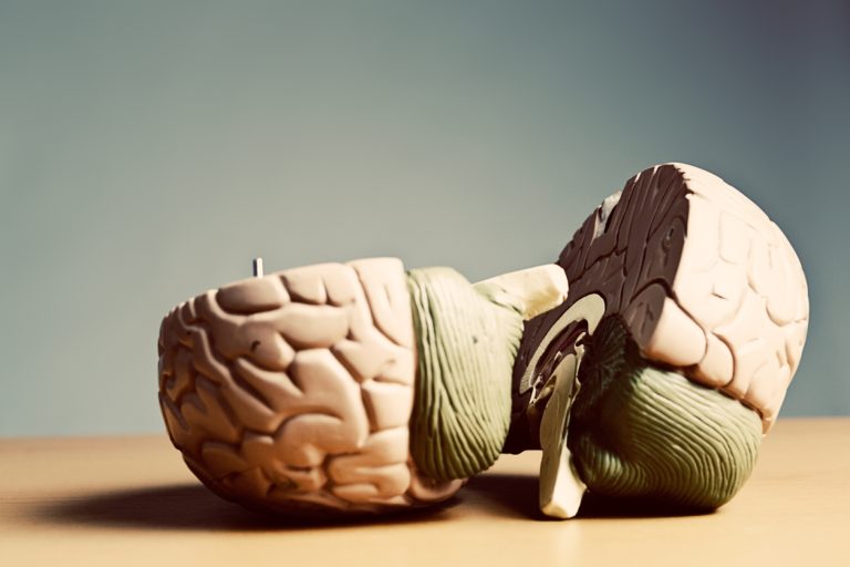 Indecision! Can't make up your mind with a split brain Close up of a bisected anatomical model of the human brain shows details of different areas. Concept shot for being in two minds