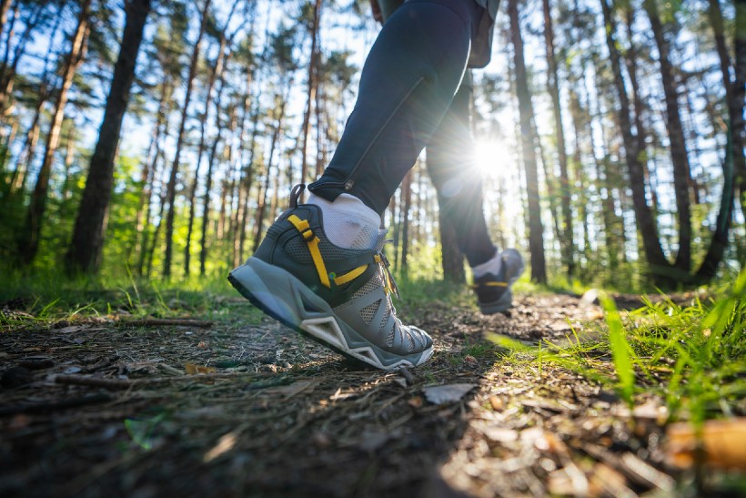 Wandeling in bos: persoon met grijsgele wandelschoenen op bospad, zonlicht door hoge bomen.