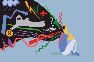 Illustratie van een zittende persoon die zijn hoofd vasthoudt, terwijl een donkere stroom van symbolen (bliksem, spook, verdrietige emoji, vraagteken en medische tekens) uit het hoofd komt. De afbeelding verbeeldt hoe stress negatieve gedachten en lichamelijke klachten kan versterken, in lijn met onderzoek naar hyper- en hypoalgesie bij stress.