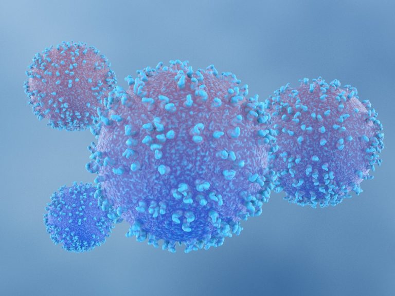 3D-illustratie van immuuncellen met celoppervlakreceptoren tegen een blauwe achtergrond.