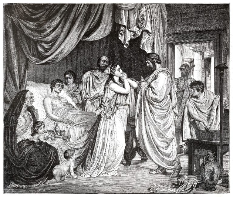 20-05-Geschiedenis van het denken en handelen rond pijn-iStock-2176736254 Zwart-wit gravure van een zieke man in bed, omringd door mensen, terwijl een arts hem een drankje toedient.