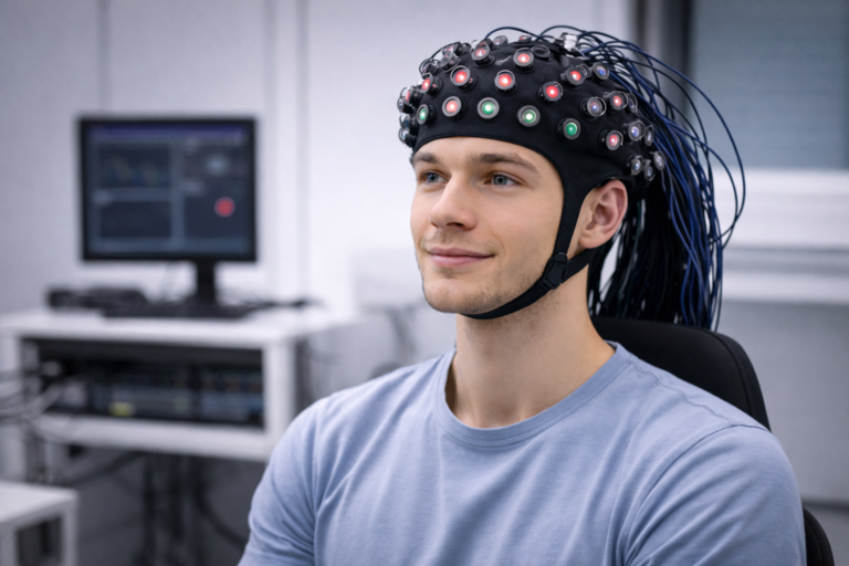 Proefpersoon draagt een fNIRS-meetkap tijdens een cognitieve test om hersenactiviteit in de prefrontale cortex in kaart te brengen.