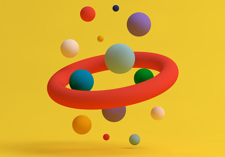 Abstract colored spheres on yellow background